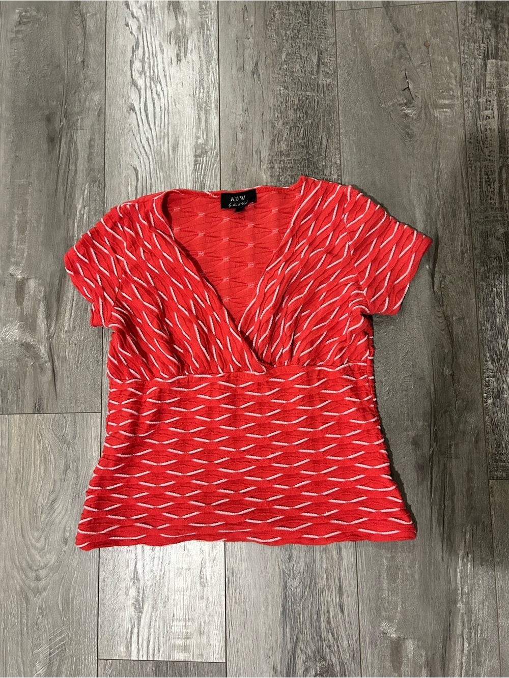 As U Wish Red V-Neck Short Sleeve Knit Top with White Accent